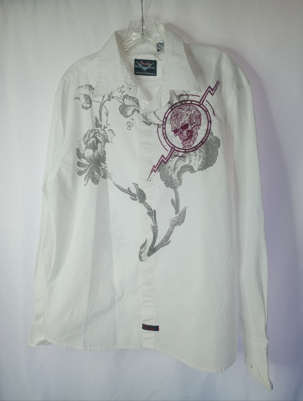 *Fender Guitar By Rock And Roll Religion, Button Down White Long Sleeve Shirt L